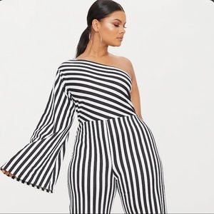 Plus Black Monochrome Stripe One Shoulder Jumpsuit